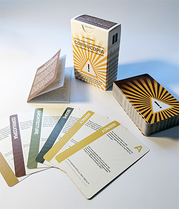 Photograph of the box and the playing cards from Digital Benefits and Disbenefits Cornucopia deck