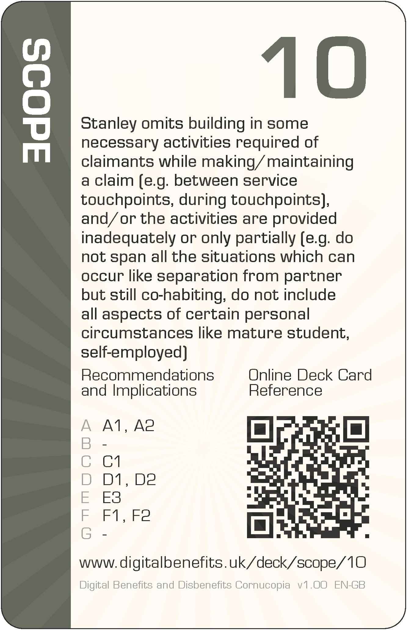 Stanley omits building in some necessary activities required of claimants while making/maintaining a claim (e.g. between service touchpoints, during touchpoints), and/or the activities are provided inadequately or only partially (e.g. do not span all the situations which can occur like separation from partner but still co-habiting, do not include all aspects of certain personal circumstances like mature student, self-employed)