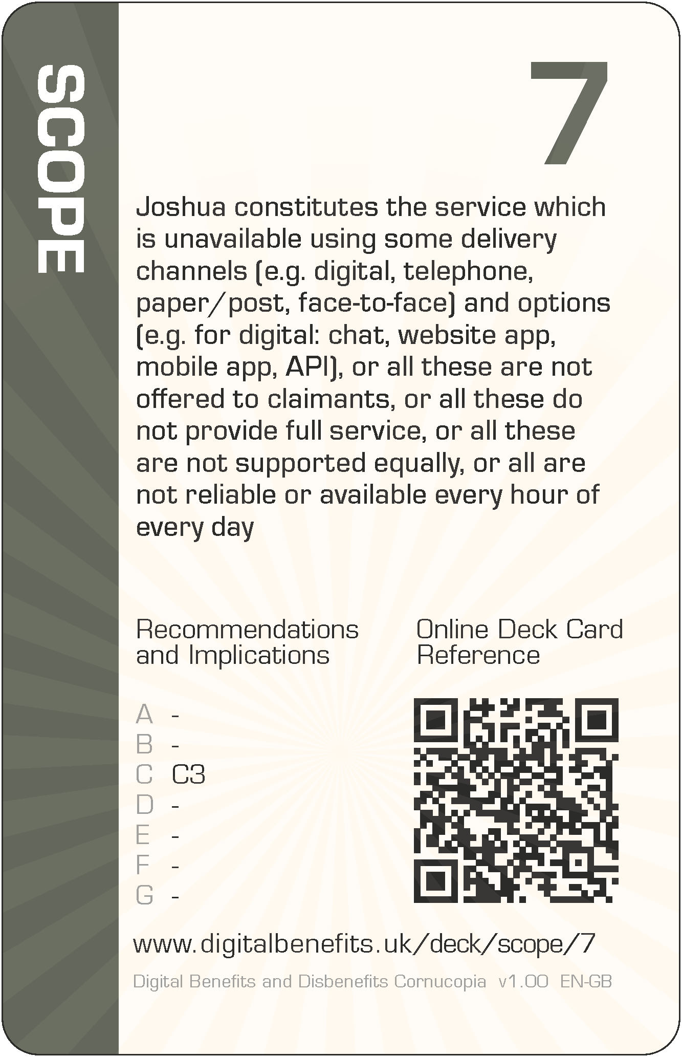 Joshua constitutes the service which is unavailable using some delivery channels (e.g. digital, telephone, paper/post, face-to-face) and options (e.g. for digital: chat, website app, mobile app, API), or all these are not offered to claimants, or all these do not provide full service, or all these are not supported equally, or all are not reliable or available every hour of every day