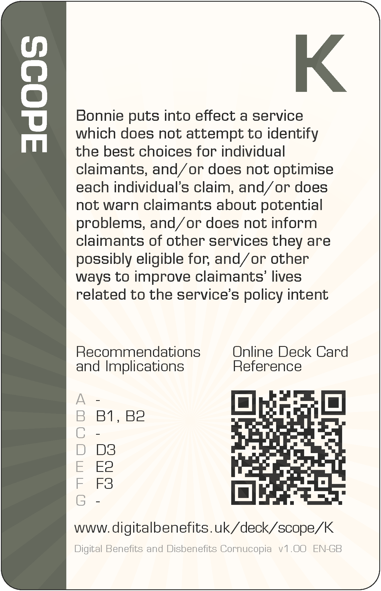 Bonnie puts into effect a service which does not attempt to identify the best choices for individual claimants, and/or does not optimise each individual`s claim, and/or does not warn claimants about potential problems, and/or does not inform claimants of other services they are possibly eligible for, and/or other ways to improve claimants` lives related to the service`s policy intent