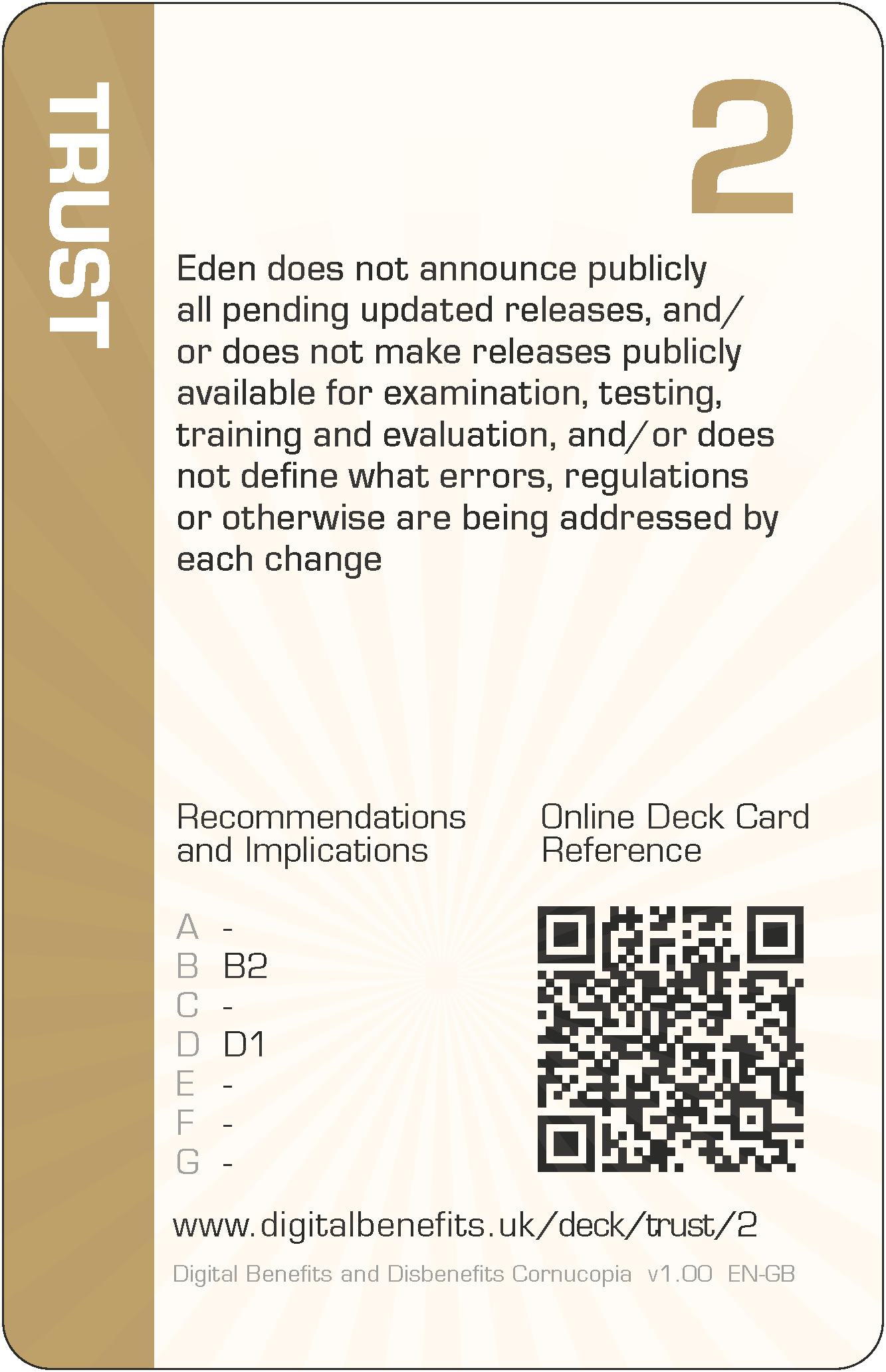 Eden does not announce publicly all pending updated releases, and/or does not make releases publicly available for examination, testing, training and evaluation, and/or does not define what errors, regulations or otherwise are being addressed by each change